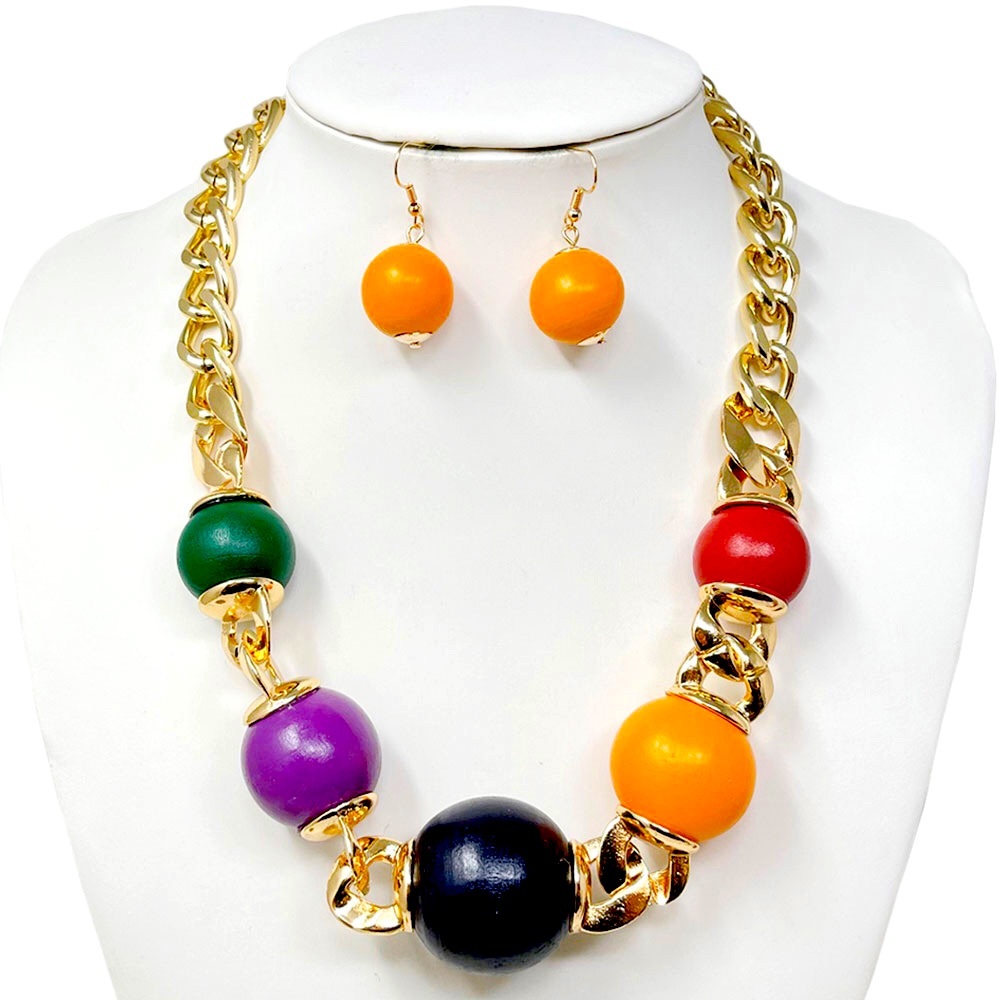Oversized Multicolored & Gold Wooden Abstract Statement Necklace Set